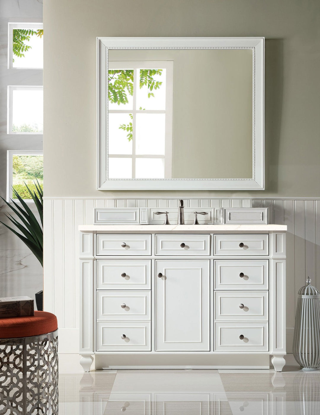 Bristol 48" Single Vanity, Bright White w/ 3 CM Eternal Marfil Silestone Top
