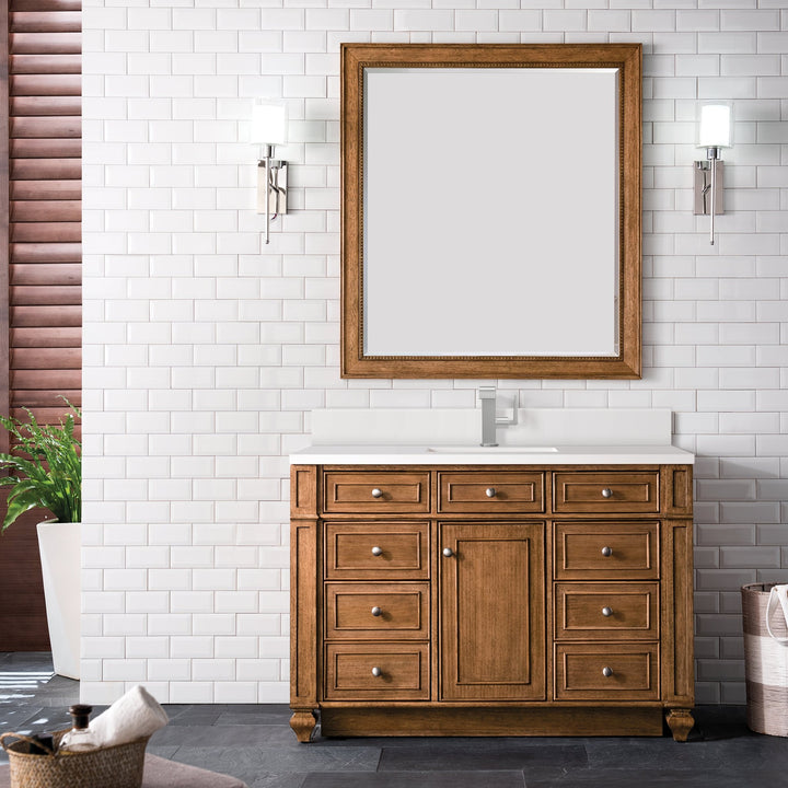 Bristol 48" Single Vanity, Saddle Brown w/ Single Hole 3 CM White Zeus Silestone Top & Backsplash