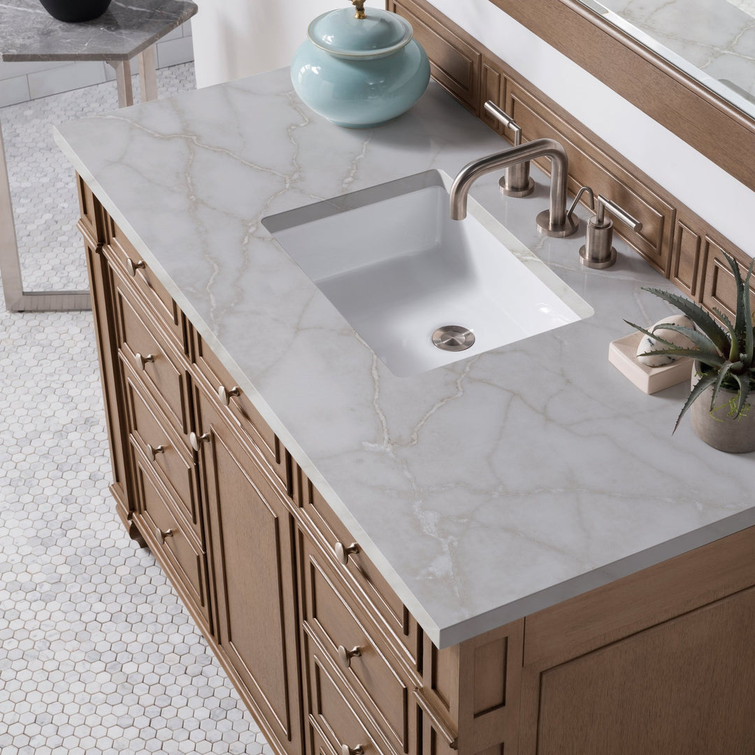 Bristol 48" Single Vanity, Whitewashed Walnut w/ 3 CM Victorian Silver Silestone Top