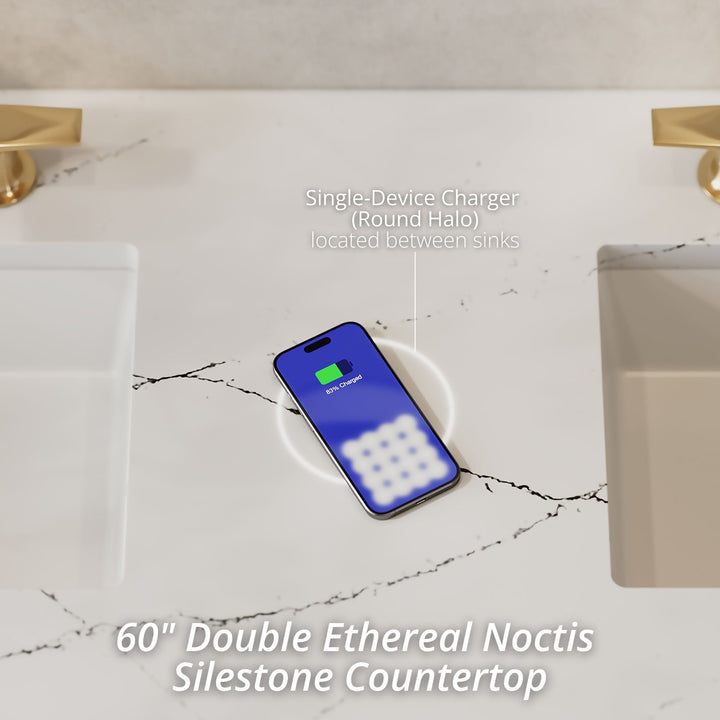 Bristol 60" Double Vanity, Bright White w/ 3 CM Ethereal Noctis Silestone Top w/FreePower Wireless Charger