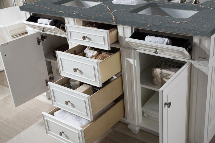 Bristol 60" Double Vanity, Bright White w/ 3 CM Parisien Bleu Silestone Top w/FreePower Wireless Charger