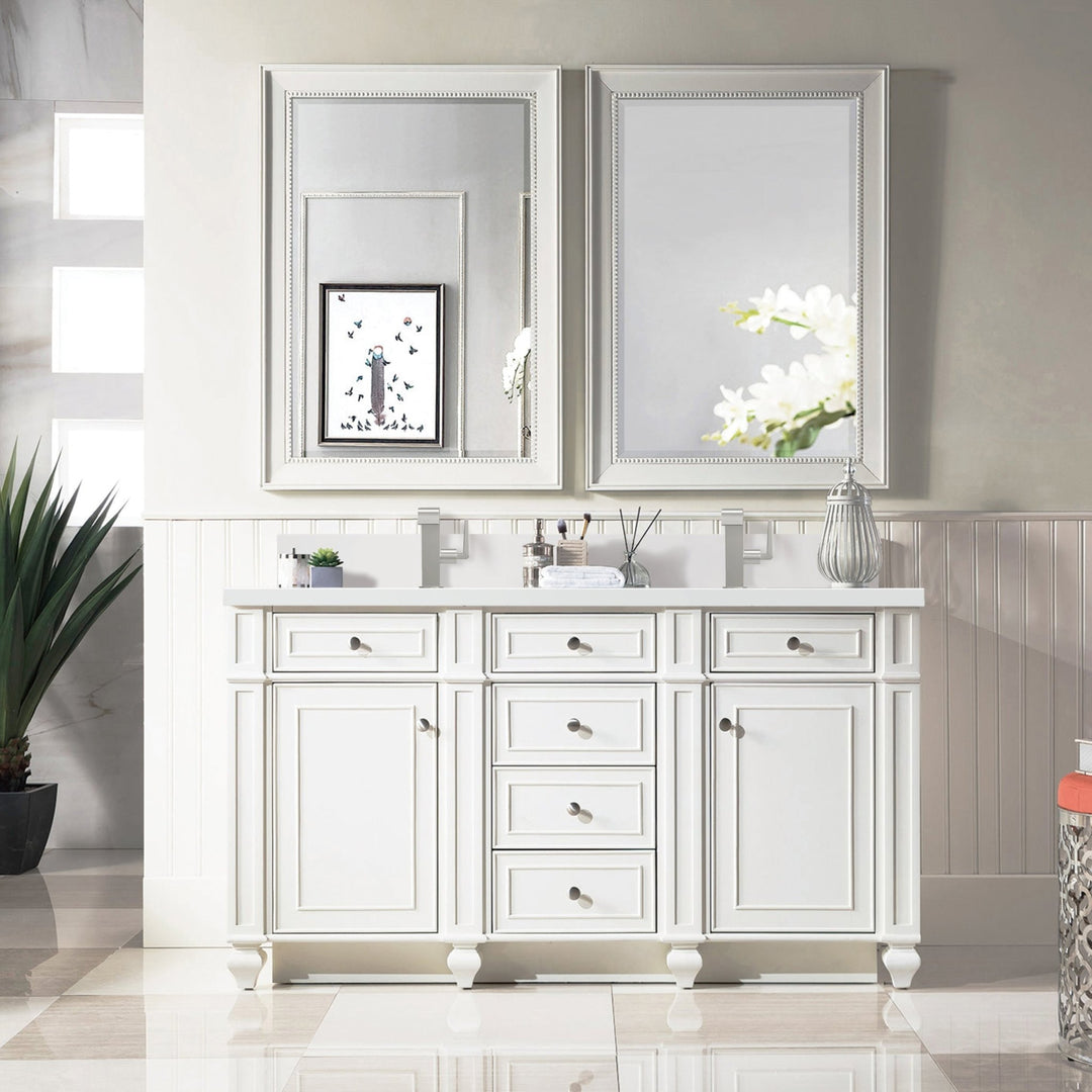 Bristol 60" Double Vanity, Bright White w/ Single Hole 3 CM White Zeus Silestone Top & Backsplash