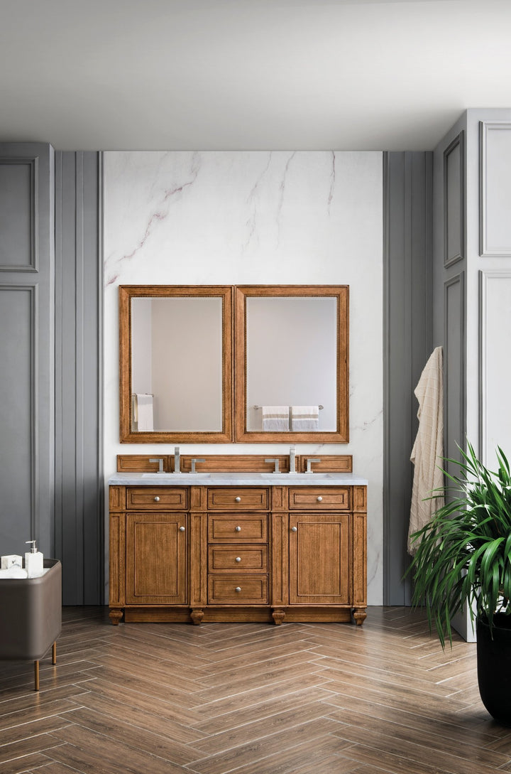 Bristol 60" Double Vanity, Saddle Brown w/ 3 CM Eternal Jasmine Pearl Silestone Top w/FreePower Wireless Charger