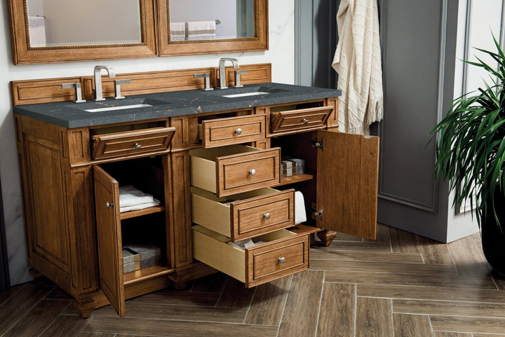 Bristol 60" Double Vanity, Saddle Brown w/ 3 CM Parisien Bleu Silestone Top w/FreePower Wireless Charger