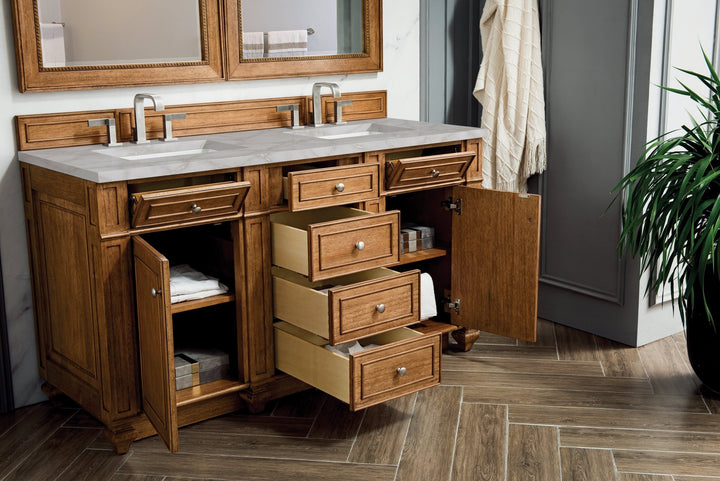 Bristol 60" Double Vanity, Saddle Brown w/ 3 CM Victorian Silver Silestone Top