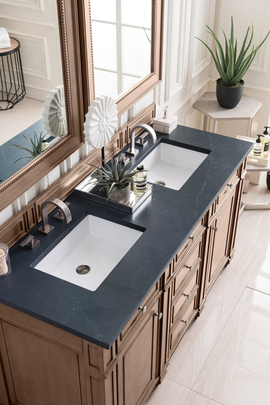 Bristol 60" Double Vanity, Whitewashed Walnut w/ 3 CM Charcoal Soapstone Silestone Top
