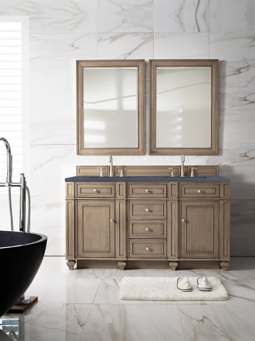 Bristol 60" Double Vanity, Whitewashed Walnut w/ 3 CM Charcoal Soapstone Silestone Top