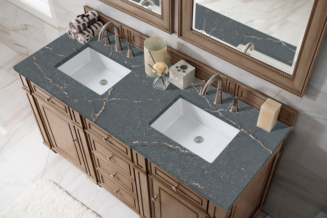 Bristol 60" Double Vanity, Whitewashed Walnut w/ 3 CM Parisien Bleu Silestone Top