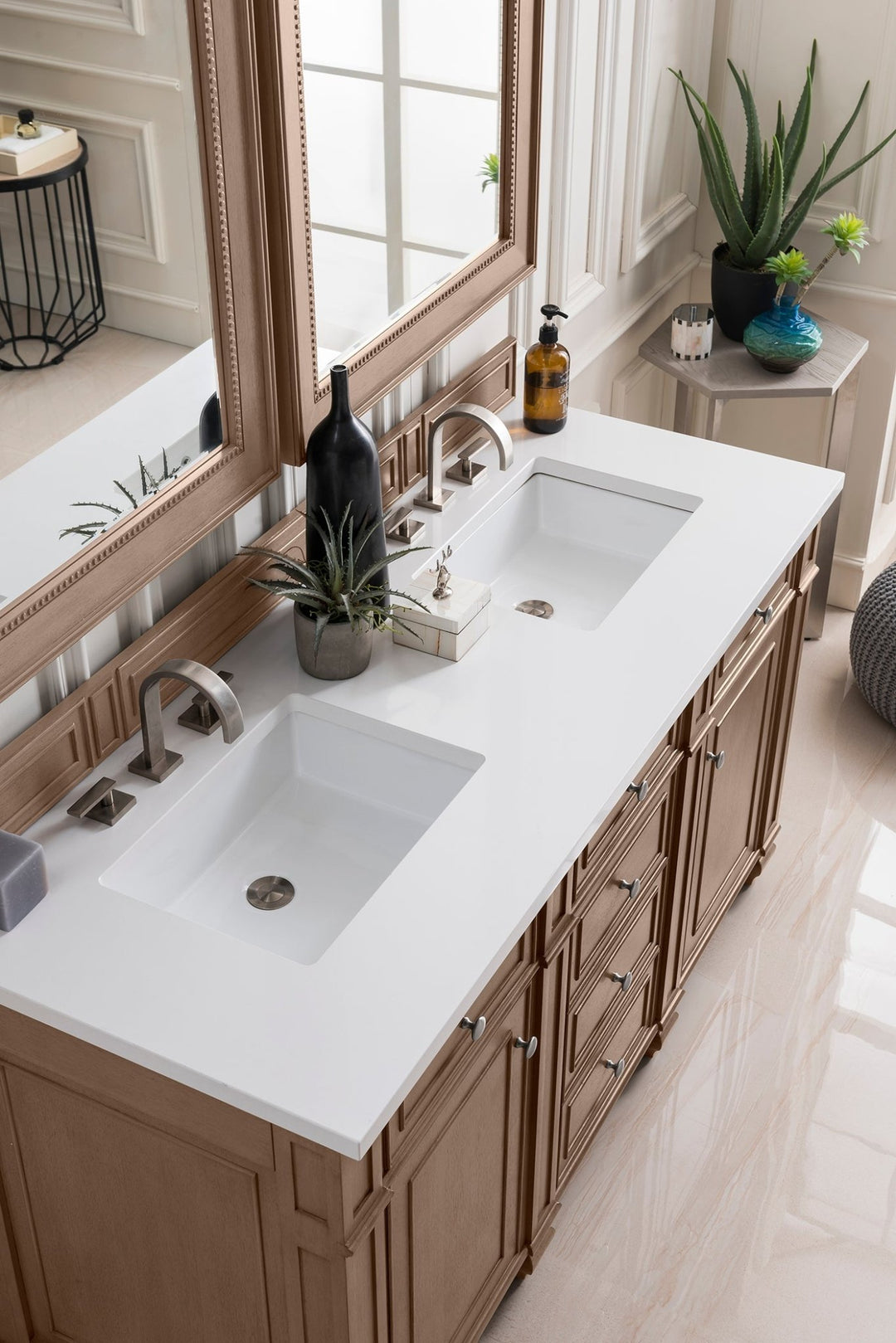 Bristol 60" Double Vanity, Whitewashed Walnut w/ 3 CM White Zeus Silestone Top