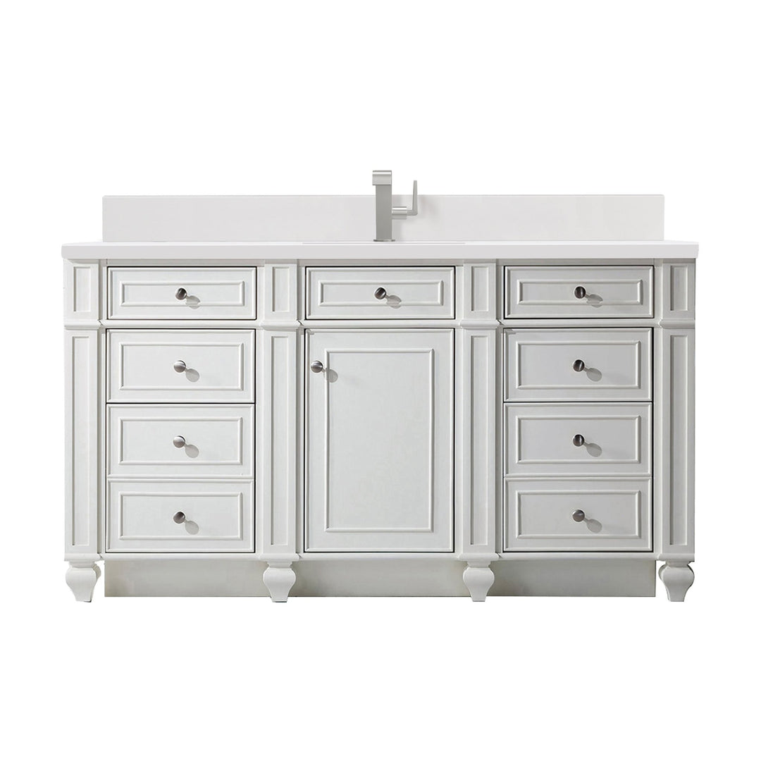 Bristol 60" Single Vanity, Bright White w/ Single Hole 3 CM White Zeus Silestone Top & Backsplash