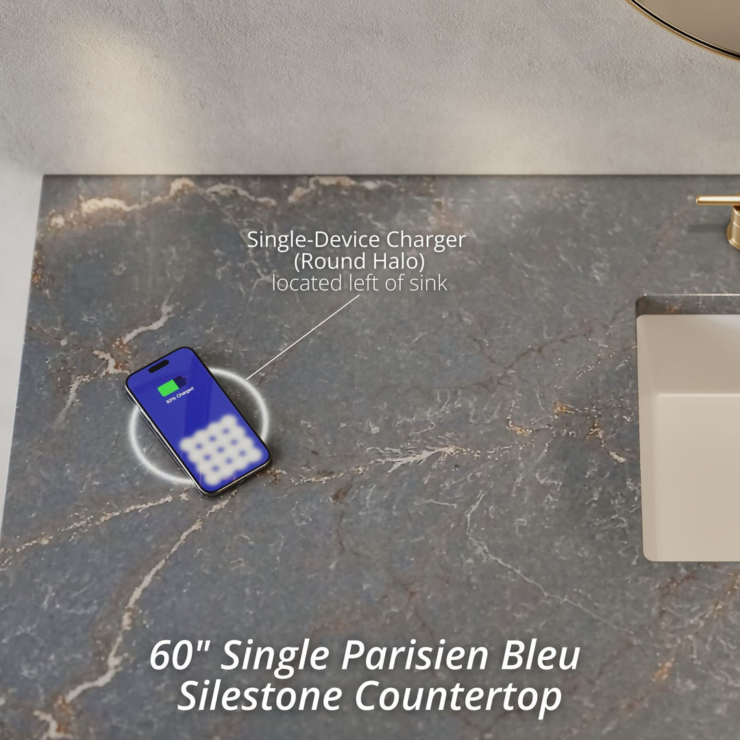 Bristol 60" Single Vanity, Saddle Brown w/ 3 CM Parisien Bleu Silestone Top w/FreePower Wireless Charger