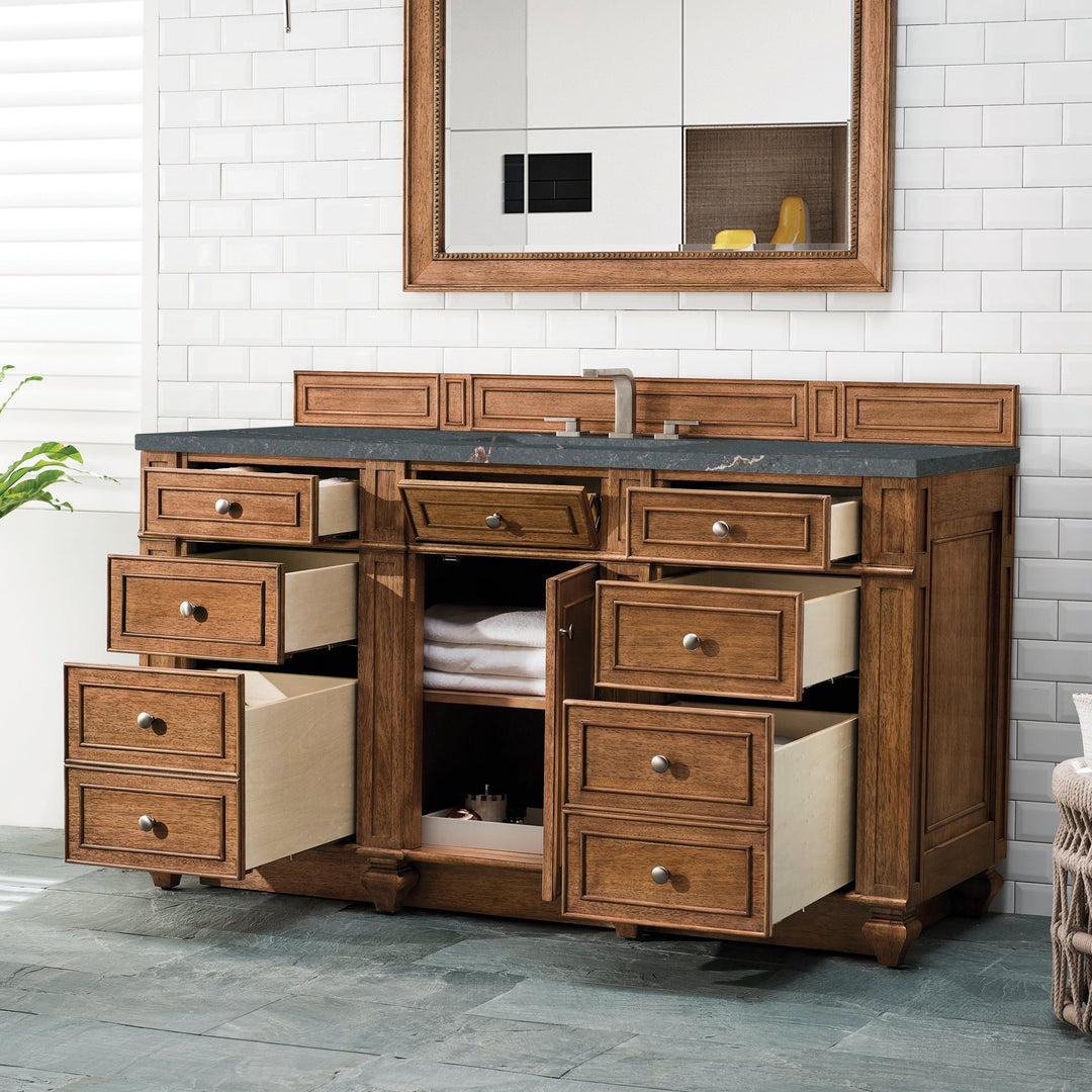 Bristol 60" Single Vanity, Saddle Brown w/ 3 CM Parisien Bleu Silestone Top w/FreePower Wireless Charger