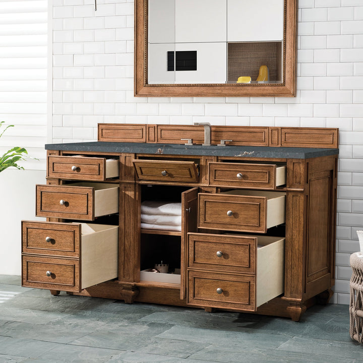 Bristol 60" Single Vanity, Saddle Brown w/ 3 CM Parisien Bleu Silestone Top w/FreePower Wireless Charger