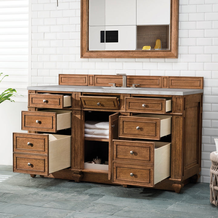 Bristol 60" Single Vanity, Saddle Brown w/ 3 CM Victorian Silver Silestone Top w/FreePower Wireless Charger