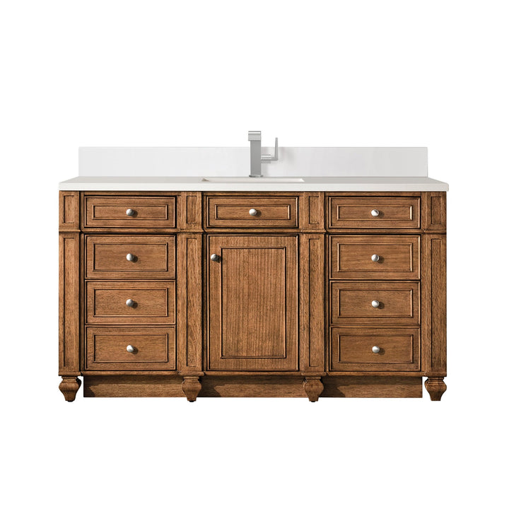 Bristol 60" Single Vanity, Saddle Brown w/ Single Hole 3 CM White Zeus Silestone Top & Backsplash