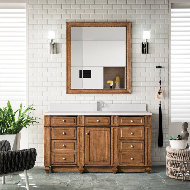 Bristol 60" Single Vanity, Saddle Brown w/ Single Hole 3 CM White Zeus Silestone Top & Backsplash
