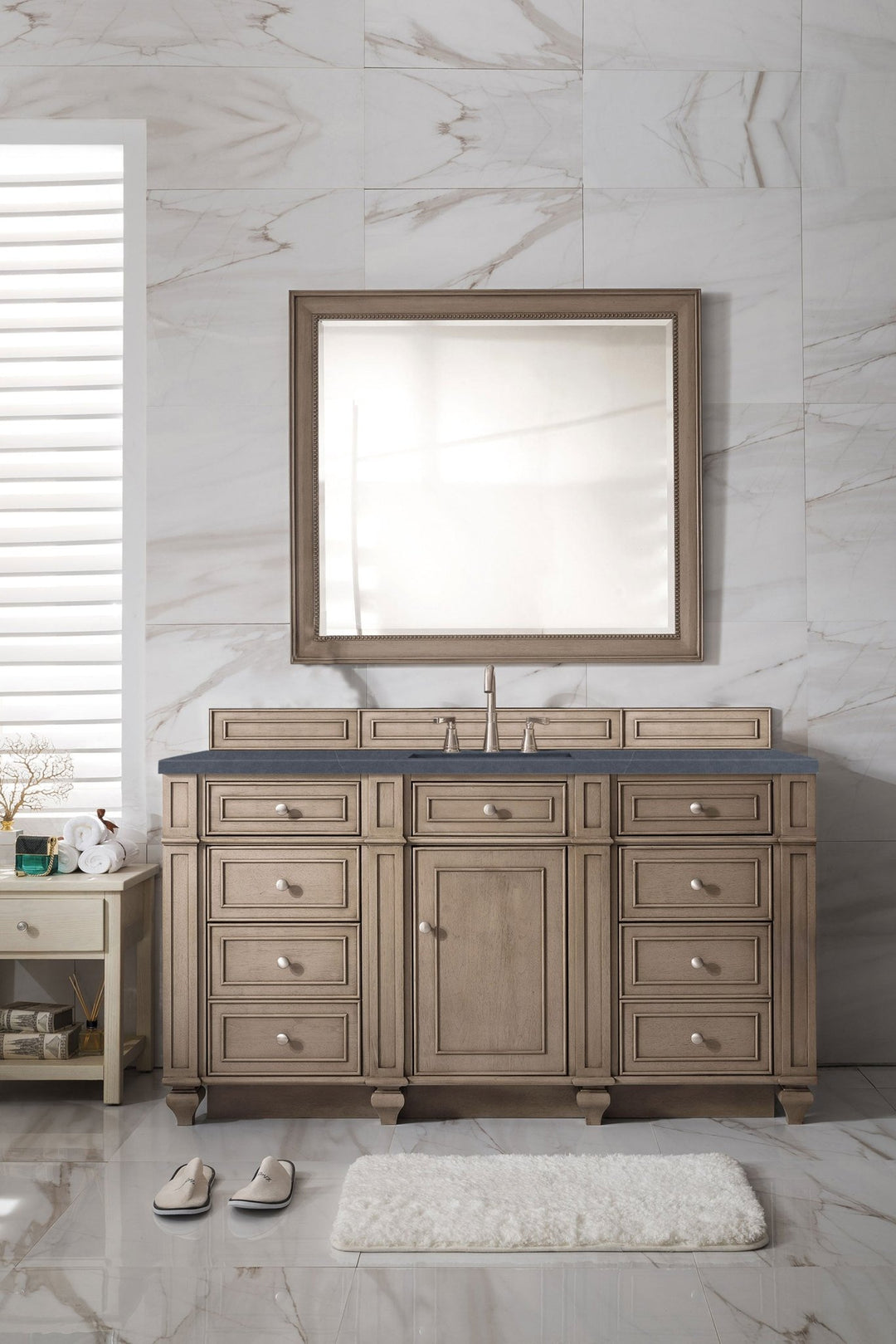 Bristol 60" Single Vanity, Whitewashed Walnut w/ 3 CM Charcoal Soapstone Silestone Top
