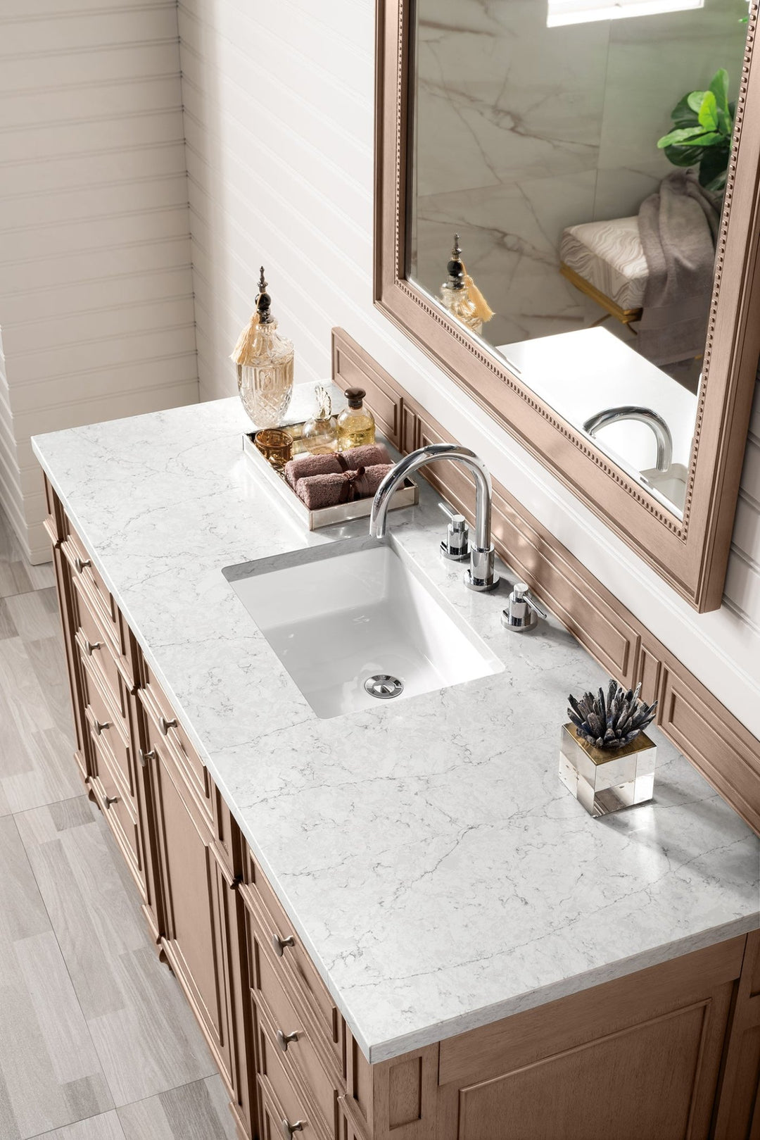 Bristol 60" Single Vanity, Whitewashed Walnut w/ 3 CM Eternal Jasmine Pearl Silestone Top w/FreePower Wireless Charger