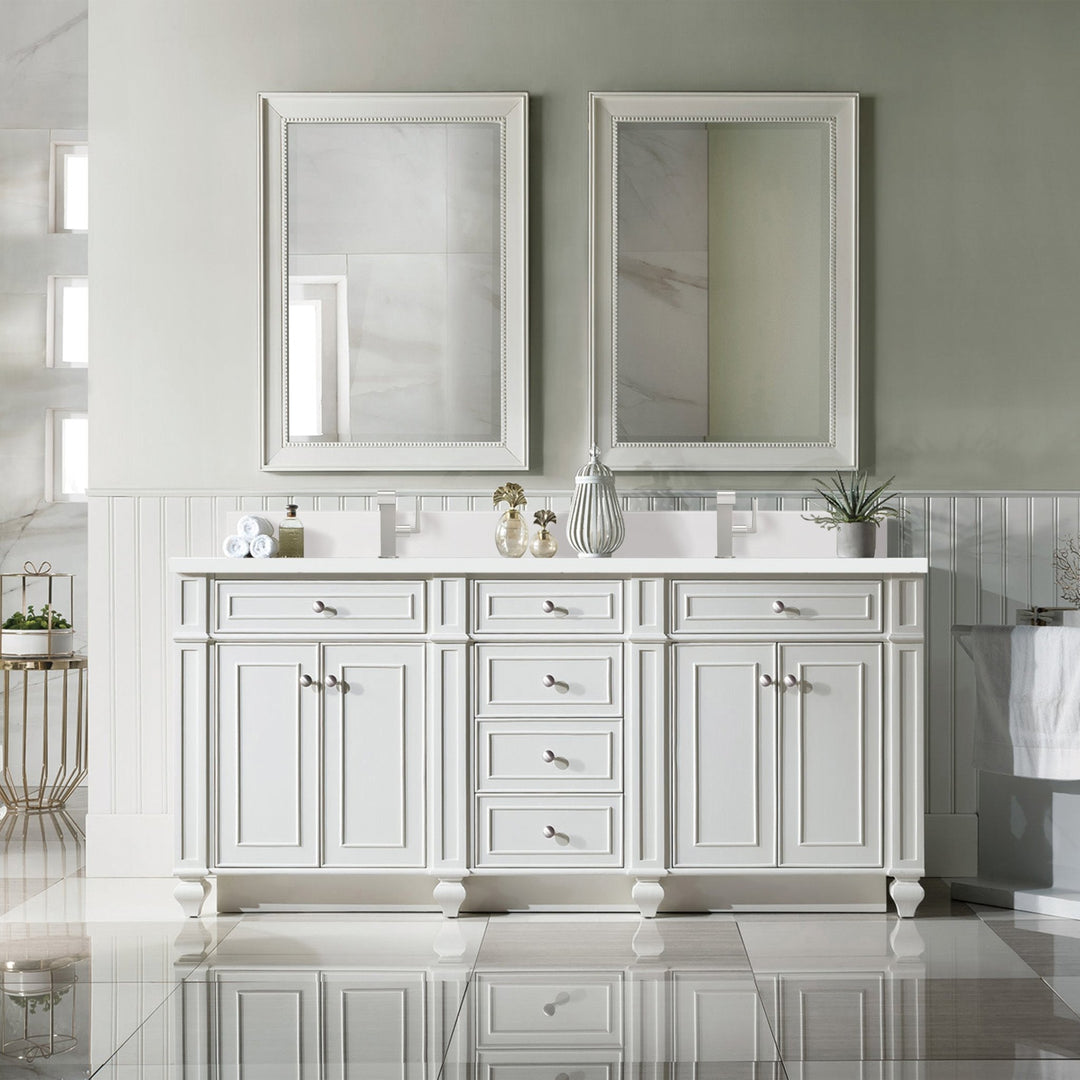 Bristol 72" Double Vanity, Bright White w/ Single Hole 3 CM White Zeus Silestone Top & Backsplash
