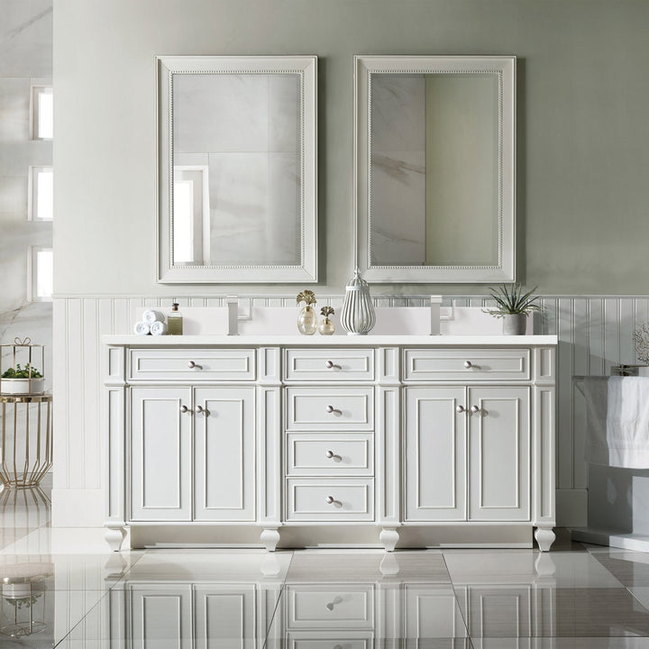 Bristol 72" Double Vanity, Bright White w/ Single Hole 3 CM White Zeus Silestone Top & Backsplash