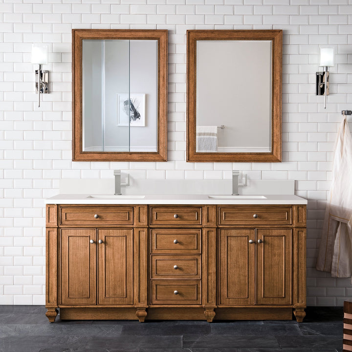 Bristol 72" Double Vanity, Saddle Brown w/ Single Hole 3 CM White Zeus Silestone Top & Backsplash