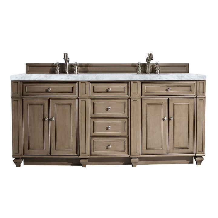 Bristol 72" Double Vanity, Whitewashed Walnut w/ 3 CM Carrara Marble Top