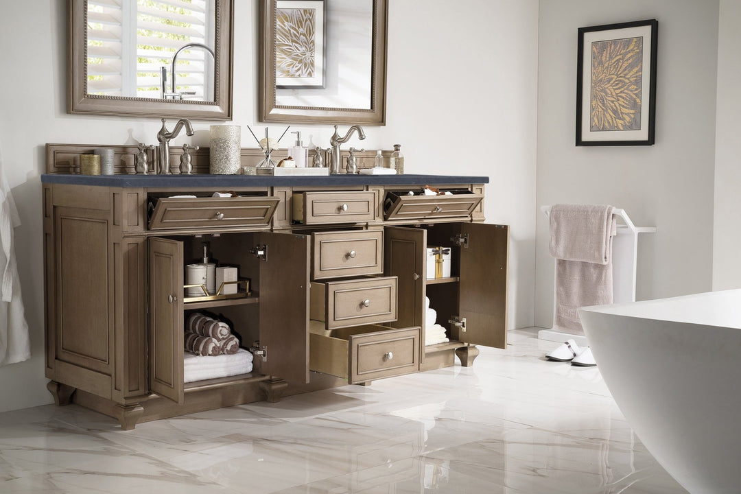 Bristol 72" Double Vanity, Whitewashed Walnut w/ 3 CM Charcoal Soapstone Silestone Top