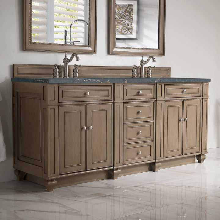 Bristol 72" Double Vanity, Whitewashed Walnut w/ 3 CM Parisien Bleu Silestone Top