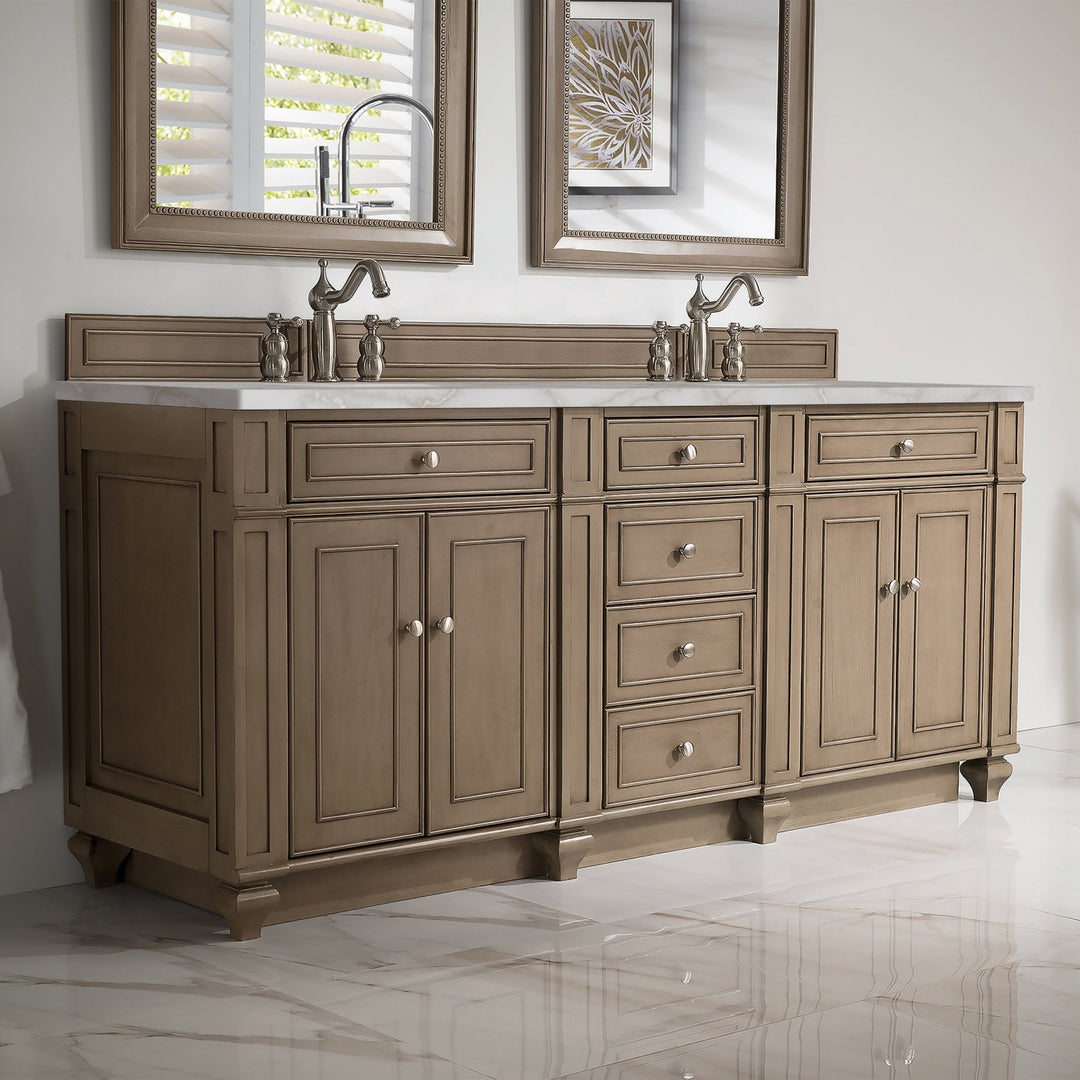 Bristol 72" Double Vanity, Whitewashed Walnut w/ 3 CM Victorian Silver Silestone Top