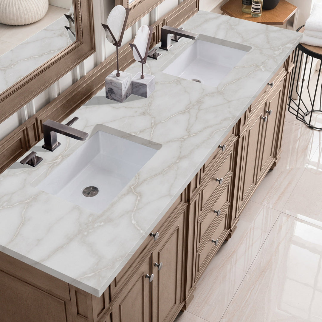 Bristol 72" Double Vanity, Whitewashed Walnut w/ 3 CM Victorian Silver Silestone Top w/FreePower Wireless Charger