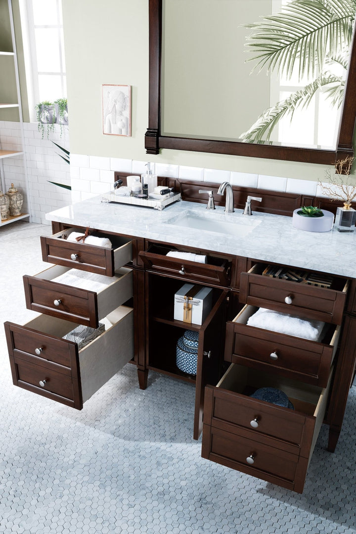 Brittany 60" Single Vanity, Burnished Mahogany w/ 3 CM Carrara Marble Top