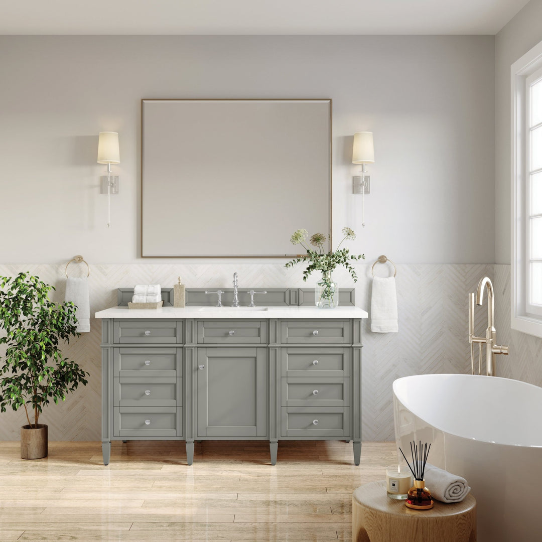 Brittany 60" Single Vanity, Urban Gray w/ 3 CM White Zeus Silestone Top