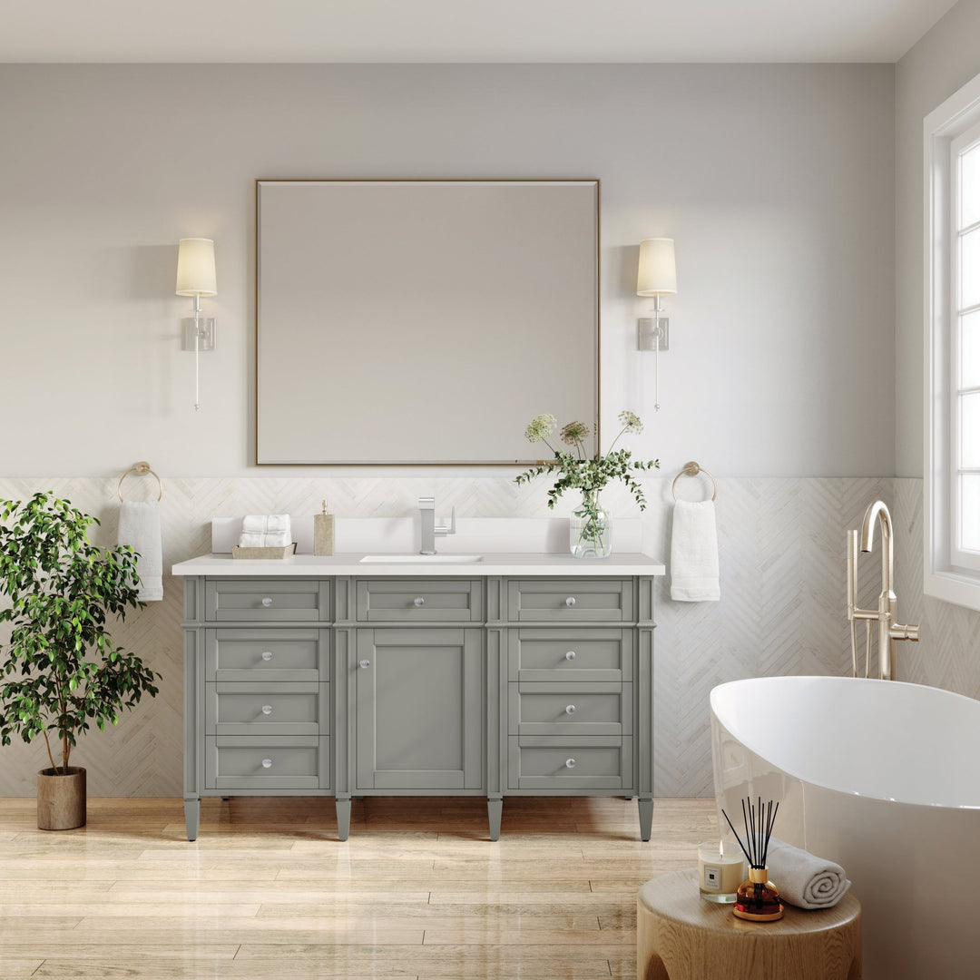 Brittany 60" Single Vanity, Urban Gray w/ Single Hole 3 CM White Zeus Silestone Top & Backsplash