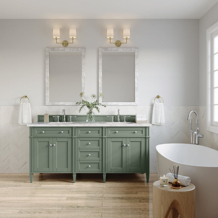 Brittany 72" Double Vanity, Smokey Celadon w/ 3 CM Victorian Silver Top