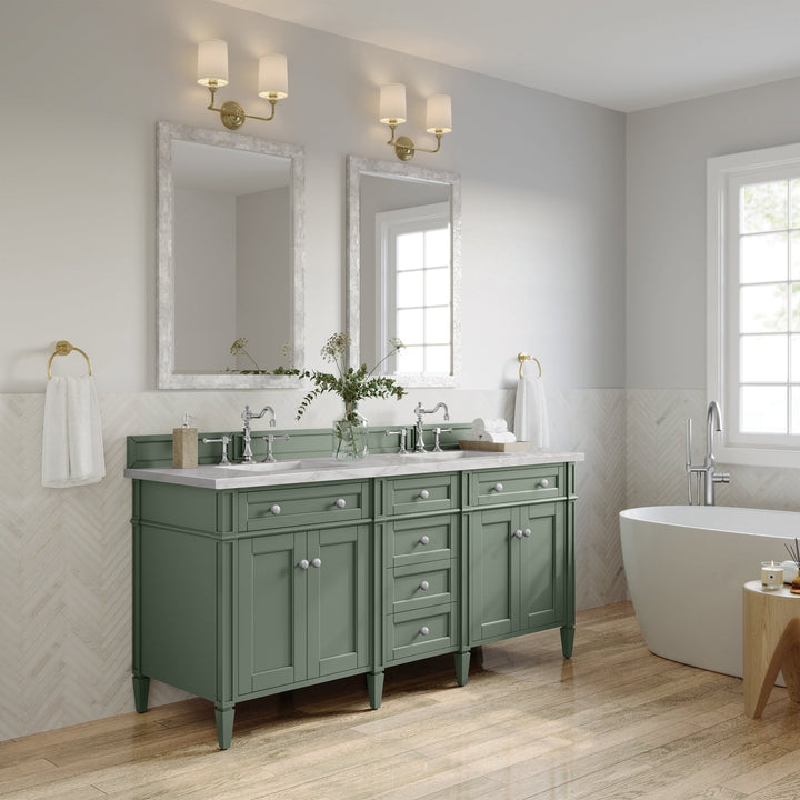Brittany 72" Double Vanity, Smokey Celadon w/ 3 CM Victorian Silver Top