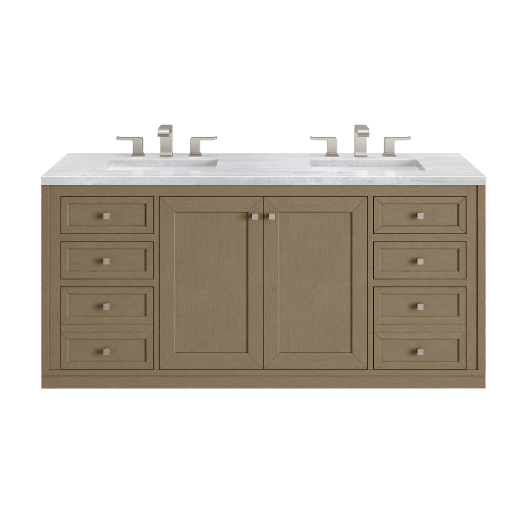 Chicago 60" Double Vanity, Walnut Whisper, w/ 3 CM Arctic Fall Solid Surface Top