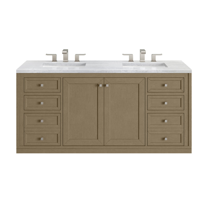 Chicago 60" Double Vanity, Walnut Whisper, w/ 3 CM Arctic Fall Solid Surface Top
