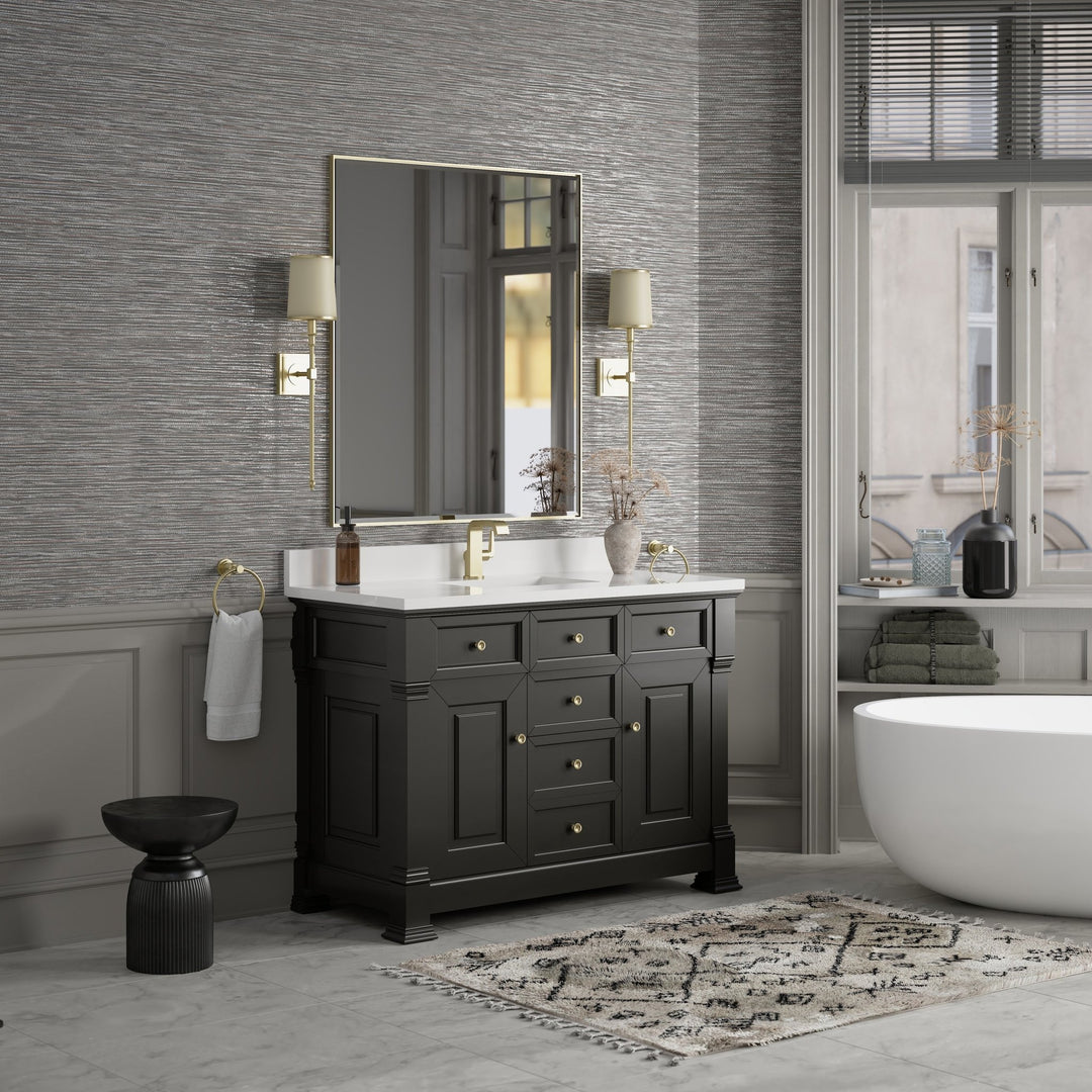 Brookfield 48" Single Vanity, Black Onyx w/ Single Hole 3 CM White Zeus Silestone® Top & Backsplash