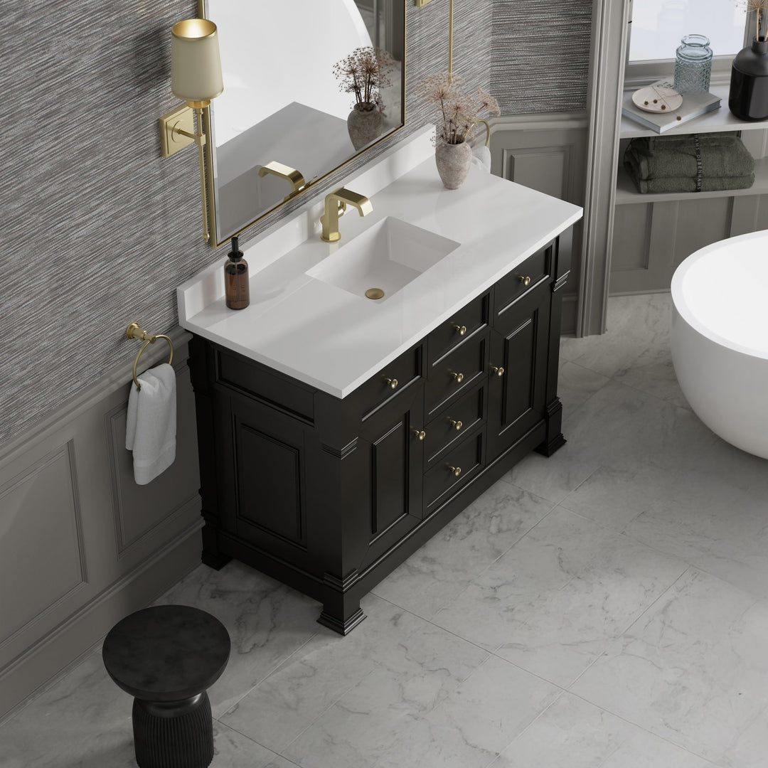 Brookfield 48" Single Vanity, Black Onyx w/ Single Hole 3 CM White Zeus Silestone® Top & Backsplash