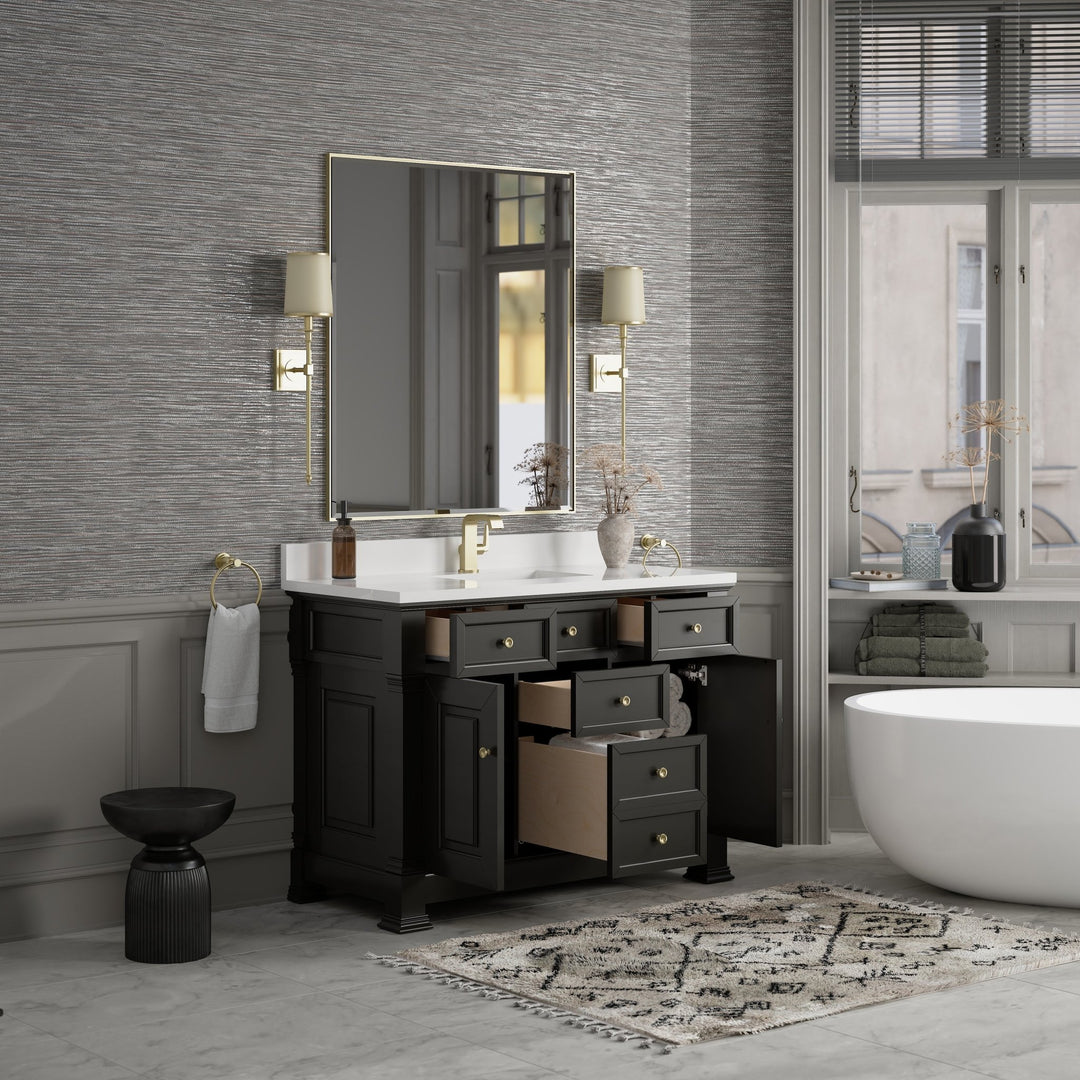 Brookfield 48" Single Vanity, Black Onyx w/ Single Hole 3 CM White Zeus Silestone® Top & Backsplash
