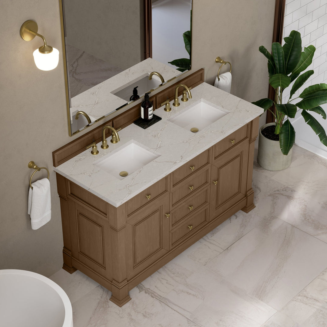 Brookfield 60" Double Vanity, Pecan w/ 3 CM Victorian Silver Silestone® Top w/FreePower Wireless Charger