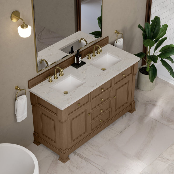 Brookfield 60" Double Vanity, Pecan w/ 3 CM Victorian Silver Silestone® Top w/FreePower Wireless Charger