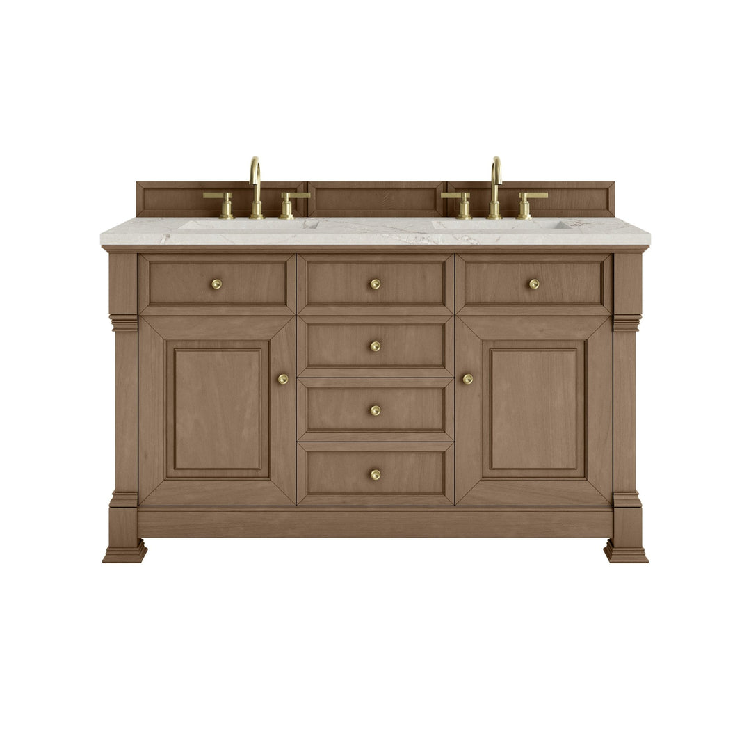 Brookfield 60" Double Vanity, Pecan w/ 3 CM Victorian Silver Silestone® Top w/FreePower Wireless Charger
