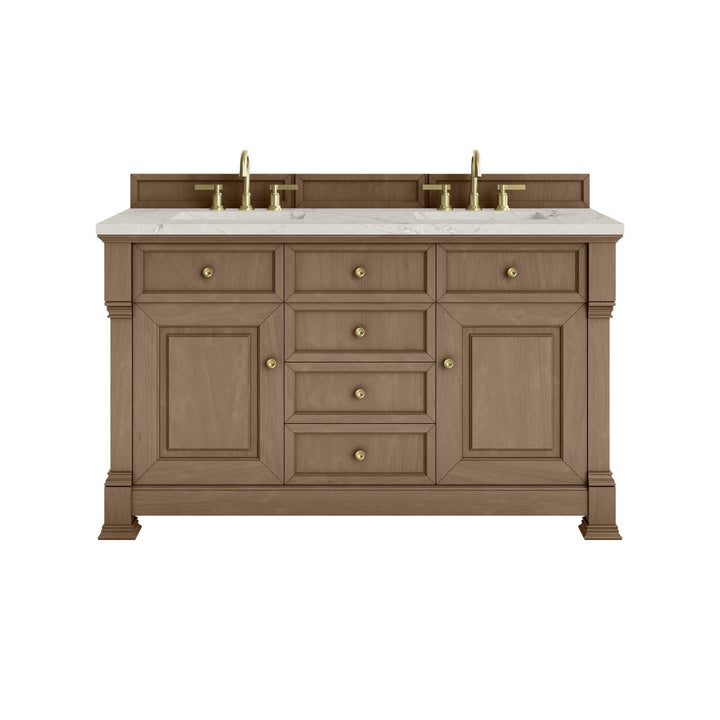 Brookfield 60" Double Vanity, Pecan w/ 3 CM Victorian Silver Silestone® Top w/FreePower Wireless Charger