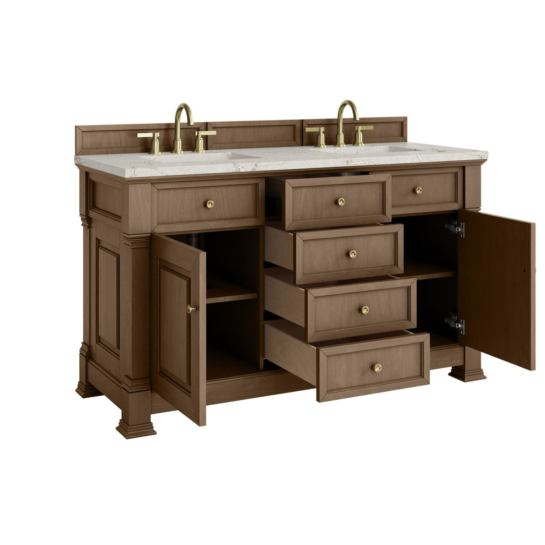 Brookfield 60" Double Vanity, Pecan w/ 3 CM Victorian Silver Silestone® Top w/FreePower Wireless Charger