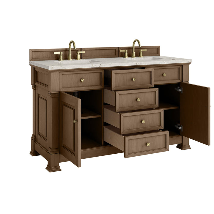 Brookfield 60" Double Vanity, Pecan w/ 3 CM Victorian Silver Silestone® Top w/FreePower Wireless Charger