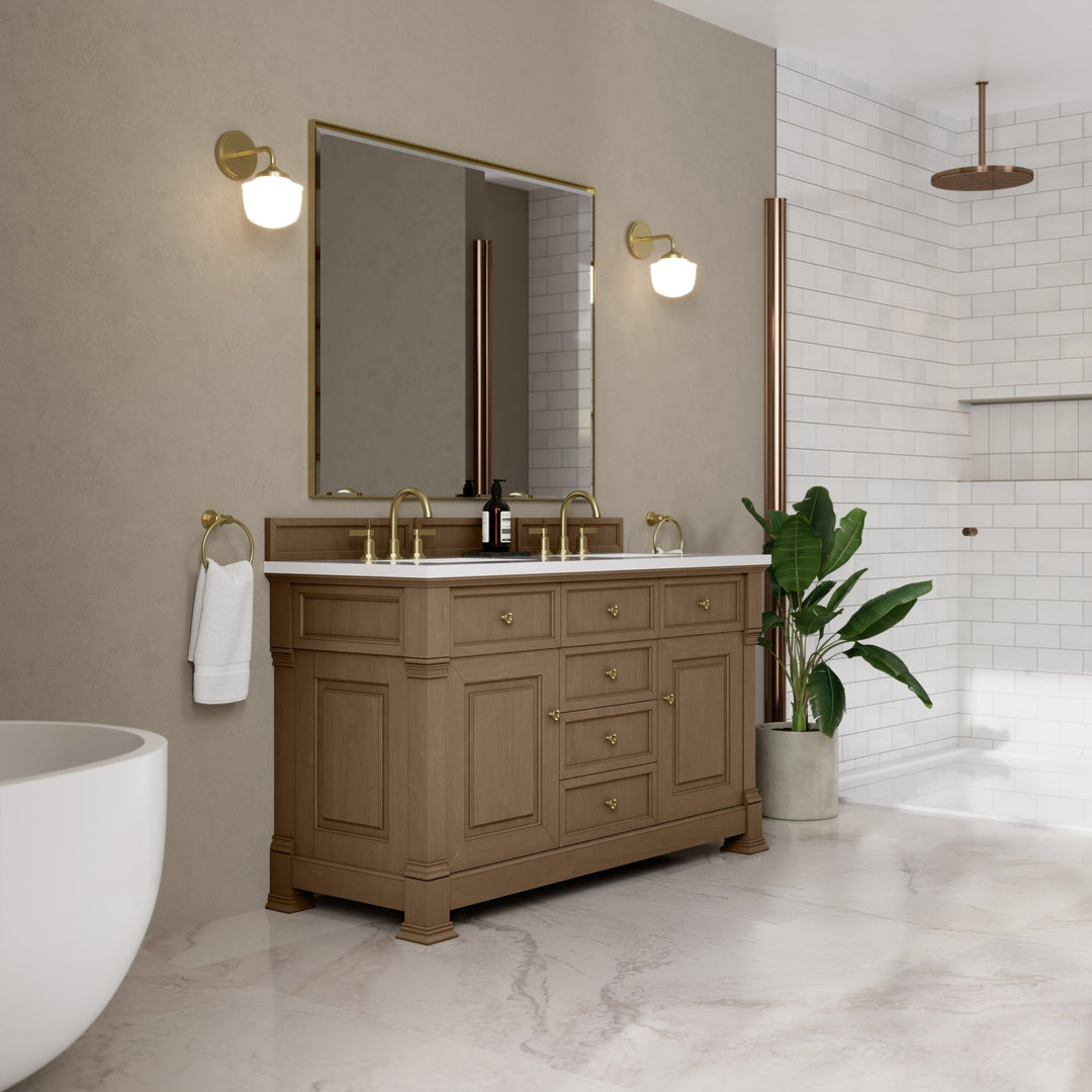 Brookfield 60" Double Vanity, Pecan, w/ 3 CM White Zeus Silestone®  Top
