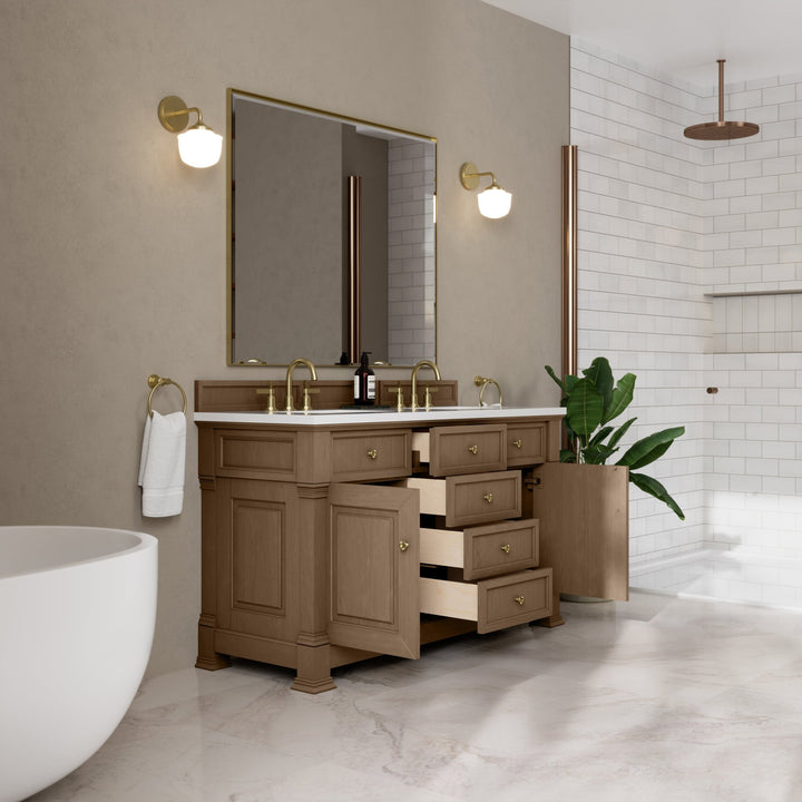 Brookfield 60" Double Vanity, Pecan, w/ 3 CM White Zeus Silestone®  Top