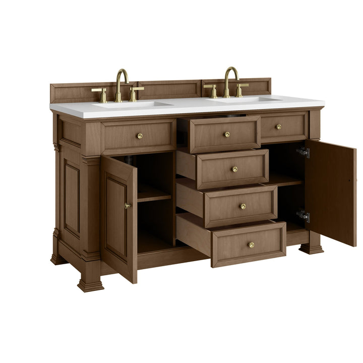 Brookfield 60" Double Vanity, Pecan, w/ 3 CM White Zeus Silestone®  Top