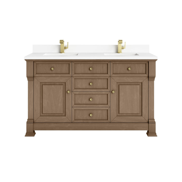 Brookfield 60" Double Vanity, Pecan w/ Single Hole 3CM White Zeus Silestone® Top & Backsplash